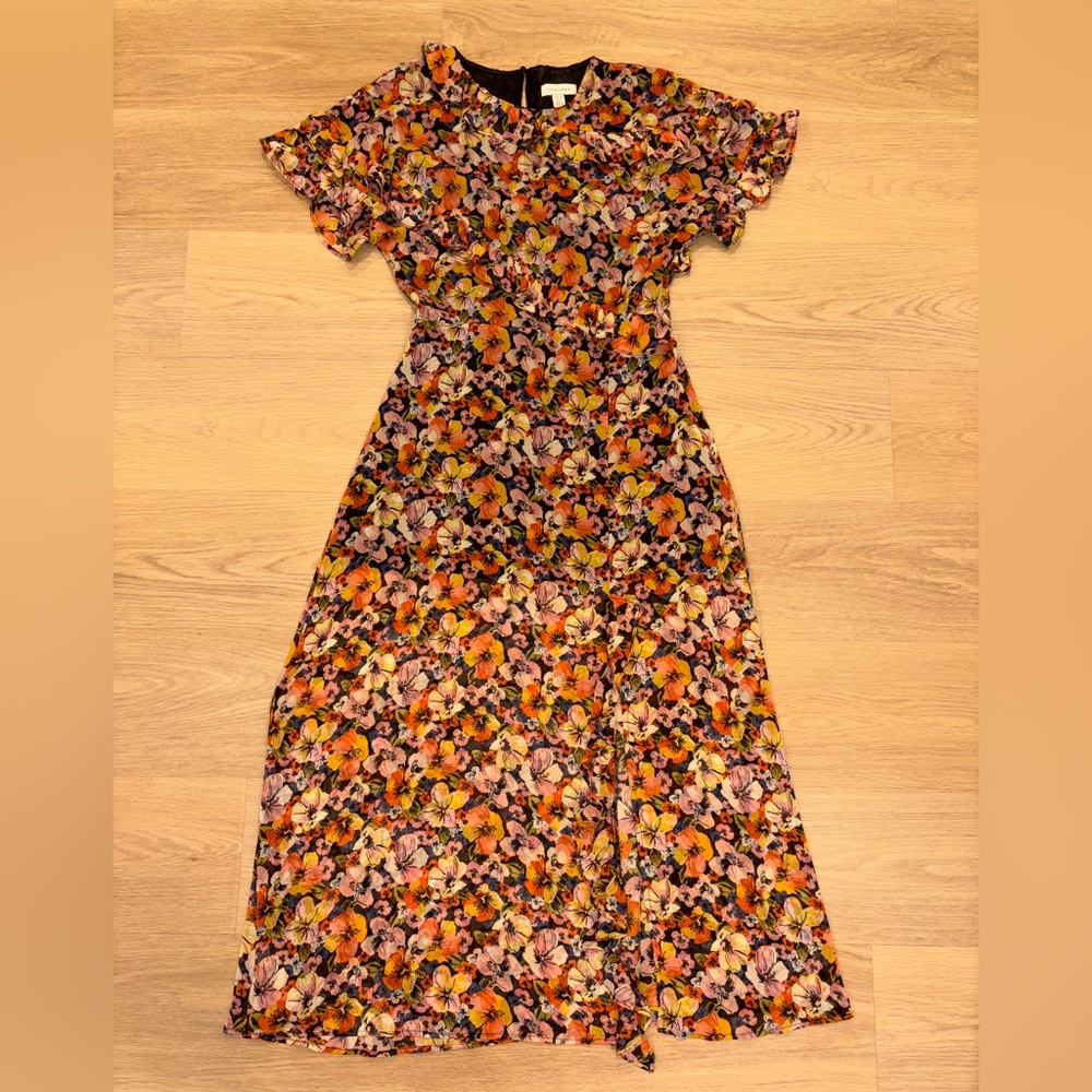 Topshop womens short sleeve chiffon floral dress w/ ruffle details women size US